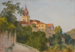 Town view with church tower | Gouache by Rudolf Hammel