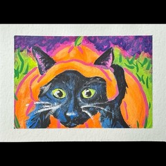 ACEO Original Acrylic 2.5×3.5 Black Cat In A Pumpkin Hat Laying On A Pumpkin
