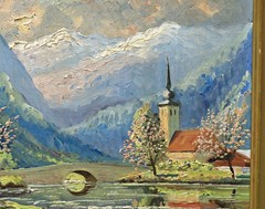 Finn Wennerwald Alpine Landscape With Church Lake Oil on Canvas, Signed, Framed
