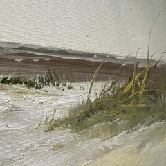 Vintage „Beach Seascape Dunes Seagulls “Oil Painting Signed Framed 21”x17”