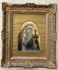 A Framed Oil Paint on Leather of a Woman Holding a Vase Circa 1860 Smithsonian