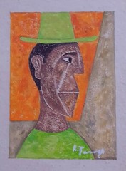 RUFINO TAMAYO 11″ x 8.5″ -HOMBRE CON SOBRERO VERDE- OIL PAINTING ON NATIVE PAPER