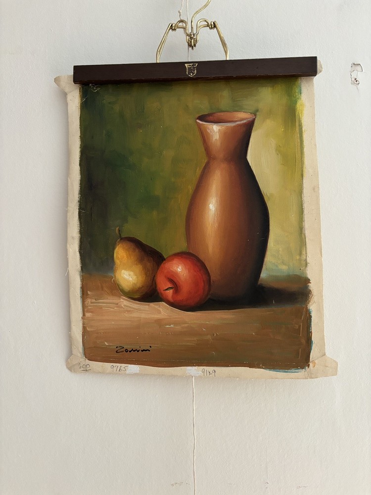 Vintage Oil Painting Art Floral Still Life Pottery Fruit Signed Zorini 12×15