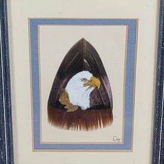 Painted Eagle Head on Feather Original Art Americana Decor Blue Frame Matt OOAK
