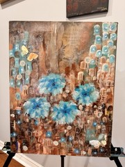 Blue Blossoms in Copper Light — Original Mixed Media Floral Painting 18 x 14inch