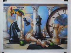 Original Oil Painting Pop Illusion Chess Game Art Sery Dmitry