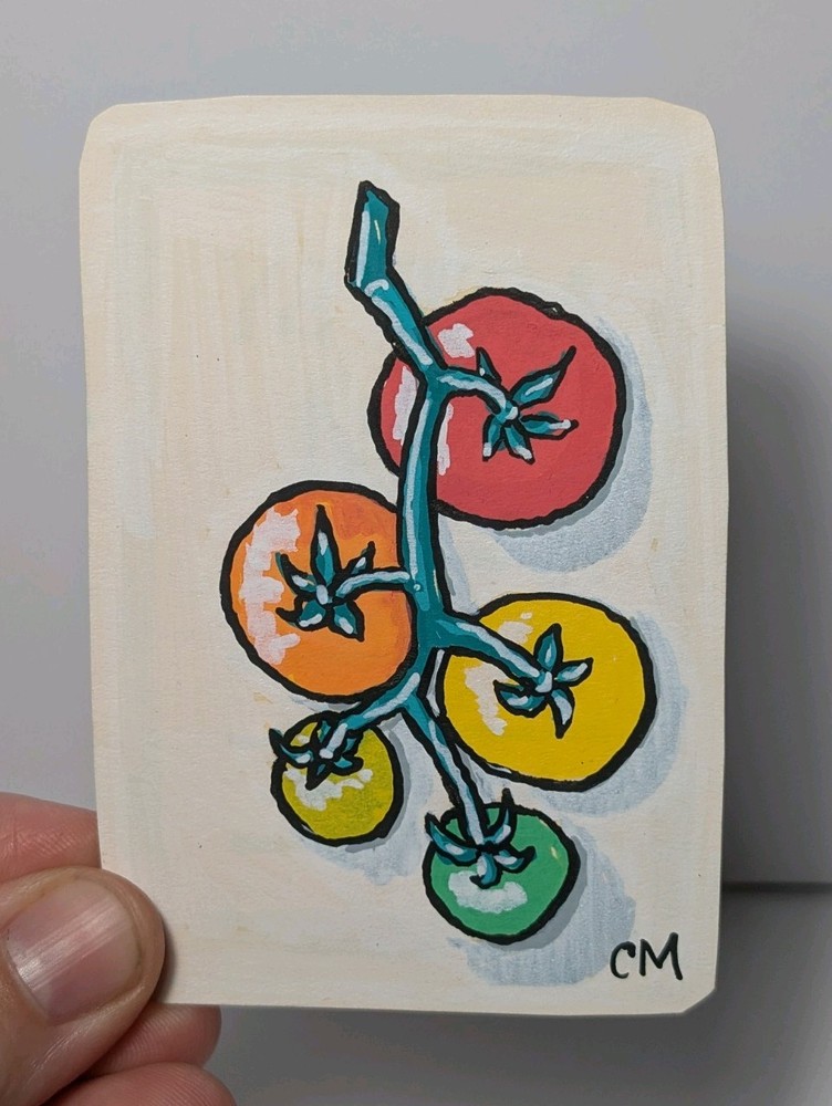 Original ACEO Rainbow Tomatoes Vegetable Acrylic Hand Painted Art By CM Card