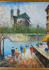 Vtg 80’s Framed Signed Burnett Oil Painting „Paris Cityscape Seine Scene“ 24X20