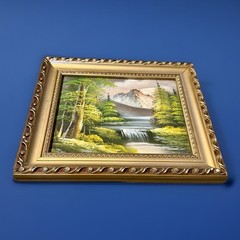 VTG Bob Ross Style Oil Painting Mountain Waterfall Landscape Ornate Gold Frame