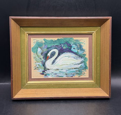 Vintage MCM Signed A. Shwarts Oil Painting Wall Art Swan On The Lake Framed