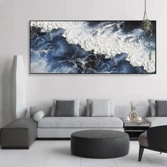 Sea Canvas Painting Handmade Blue Ocean Landscape Wall Art Abstract White Wave