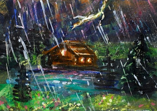 ACEO Original CABIN Summer Rain House Tree PAINTING Storm Nature Landscape ART