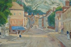 Original 1954 Oil on Board of European or South American Village by Ruth Leppert