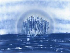 Fantasy Art Original with bubble city on the water signed by Artist Jason Girard
