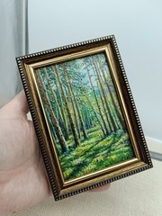 Birch Forest Original Oil Painting 4×6 Framed Signed Sunlit Landscape Path Art