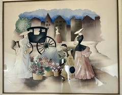 Vtg. Street Scene Flower Cart Newman Decor Watercolor Original Peters 1940’s /j