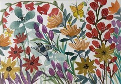 Pamela Wilhelm original 5×7 Whimsical Floral Watercolor Hummingbird Butterflies
