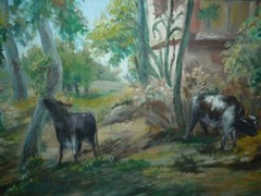 Antique/Vintage European Signed Oil Painting Cows Grazing in Woods 40.5 x 57.5cm