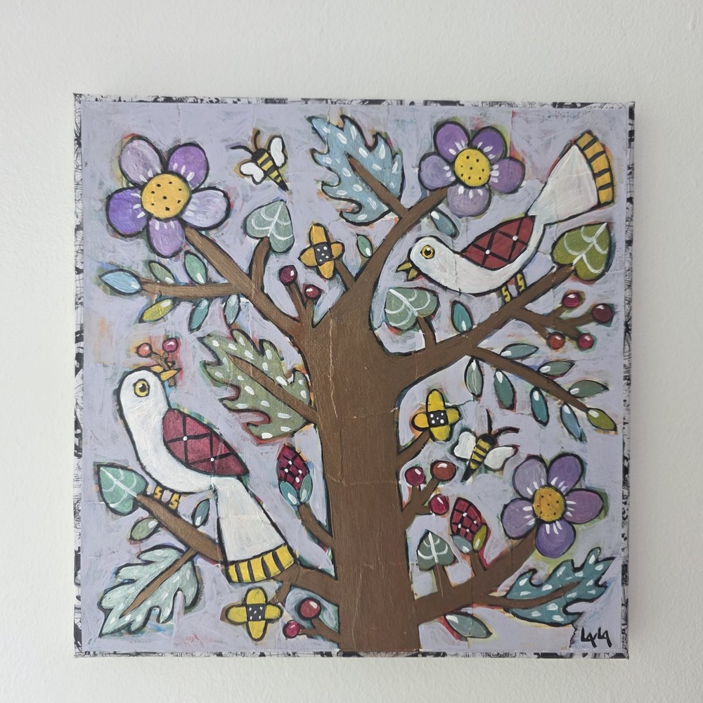 Folk Art ORIGINAL Tree Bird Flower Branch Berry Botanical Bee Nature Whimsy Bugs