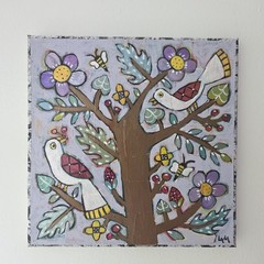 Folk Art ORIGINAL Tree Bird Flower Branch Berry Botanical Bee Nature Whimsy Bugs