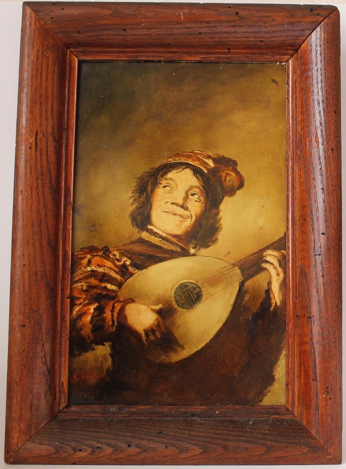 Antique Porcelain Plaque Oil Painting Jester with Lute after Frans Hals c.1900