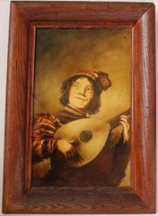 Antique Porcelain Plaque Oil Painting Jester with Lute after Frans Hals c.1900