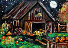 ACEO Original PAINTING Summer Fall Night BARN Pumpkin FARM Landscape ATC ART
