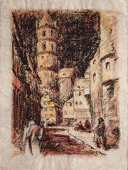 City View Street View Tower Unknown Watercolour Charcoal Drawing 20th Century