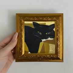 Black Cat in the Box Oil Painting, Small Framed Original Art For Home Decor