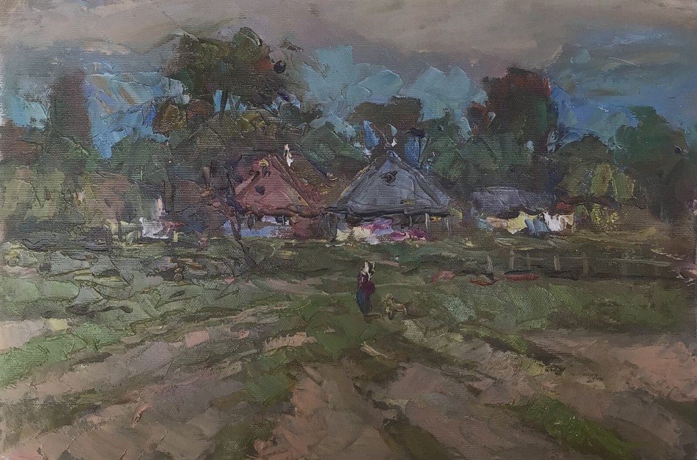 Oil painting Outside the village Ukrainian decor original art