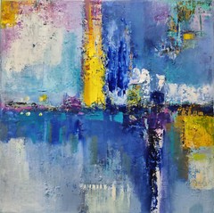Original oil painting 18×18″ Landscape, Abstraction, Contemporary Art, Blue City