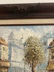 Mid-Century Signed Burnett Paris Street Scene Oil Painting In Ornate Wood Frame