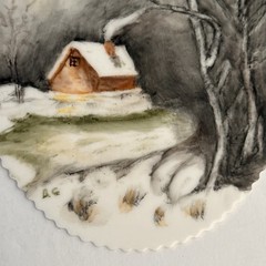 Vintage Winter Cabin Handpainted Porcelain Frame Filler Plate Artist Signed