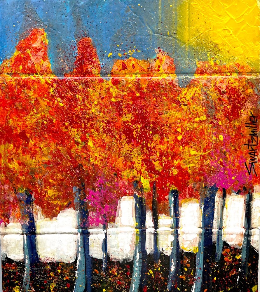 COLORFUL FALL TREES PAINTING upcycled 18 X 16 original SWARTZMILLER DNA SIGNED
