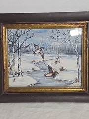 Beautiful Vintage Watercolor Painting Winter Landscape With Ducks