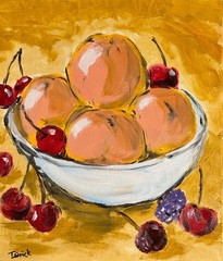 Peach Still Life Painting Original Fruit Bowl Acrylic Art Cherries Kitchen Decor