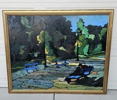 Large Original Mario Benedetti Oil Painting Park Scene, c. 1970 Landscape