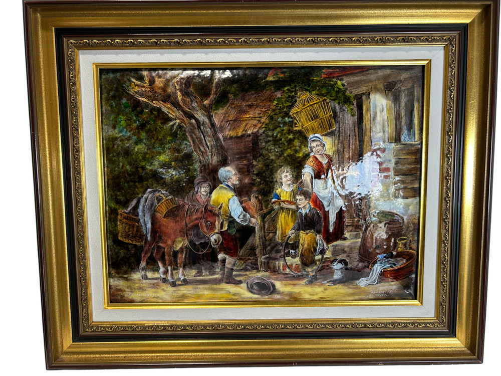 Pierre Bonnet Limoges Enamel on Copper Silver Foil Plaque Village Scene C. 1955