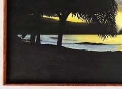 VTG 1980s CALIFORNIA OCEAN BEACH DRAMATIC SUNSET PALMS TROPICAL PAINTING SIGNED