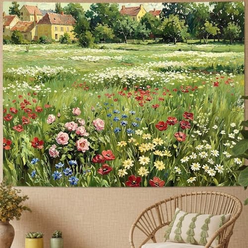 Lifeel Vintage Countryside Meadow Tapestry Landscape Field 48″L x 36″W Green