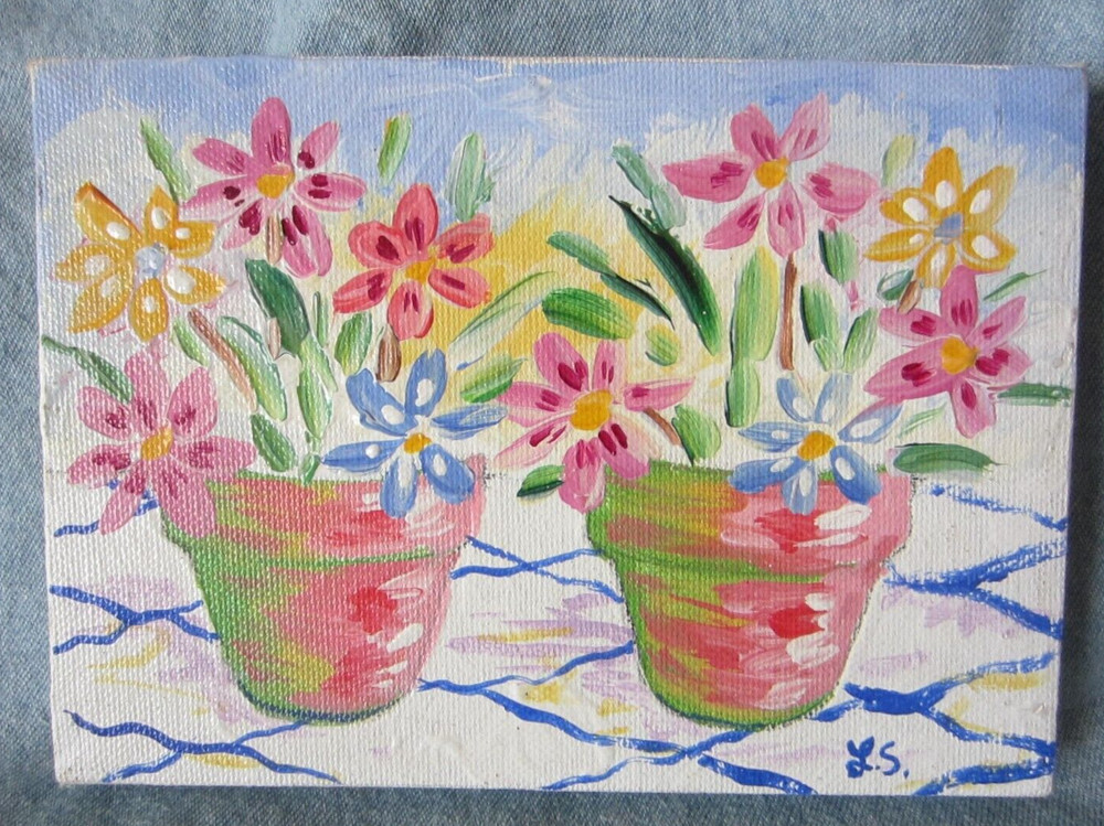 Small Oil Painting 7” x 5” Floral Granny Cottage Core Signed Dated 1997 No Frame