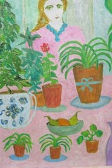 Celeste Radloff (1930-1994) British naive portrait oil painting Girl With Plants