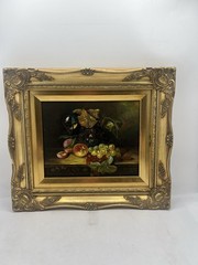 Vintage Signed Van Hunt Still Life Oil Painting Fruit Grapes Wine Glass Framed