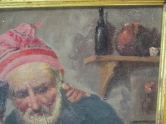ANTIQUE OIL PAINTING SIGNED ITALIAN ITALY MAN AND CHILD SMOKING THE PIPE OLD