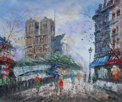 20×24 Street Walking Near Notre Dame de Paris Oil Painting Impressionism