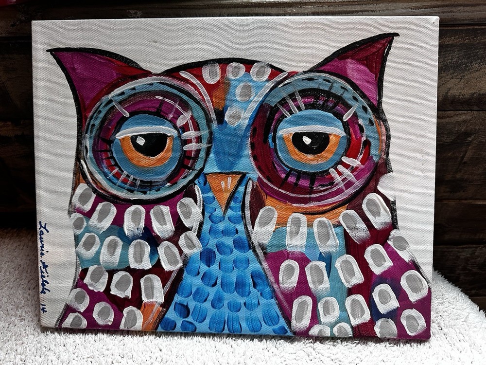Owl Colorful Wall Art Acrylic Painting On Canvas Whimsy Folk Art Signed