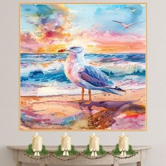 Seagull by Ocean Shore in Sunset Watercolor Scene Canvas Wall Art