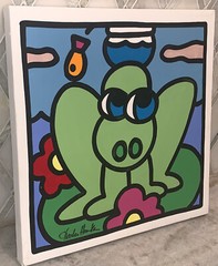 Charles Houska 2001 Green Frog Blue Eyes Red Pink Flowers Black 12”sq Acrylic