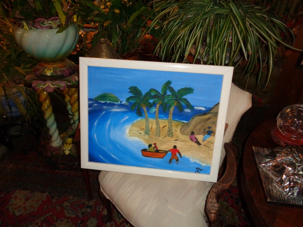 Mo H. artist; „Island Life with Visitors“ Acrylic on Linen Framed; outsider art.