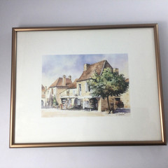Vintage Watercolor Painting C. Grautau European Village Street 12″ x 10″ Framed